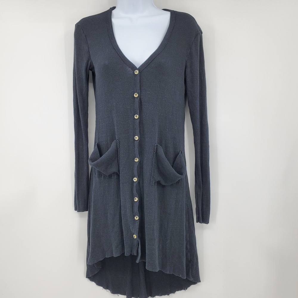 Free People FP Beach Ribbed Knit Button Front High Low Cardigan Dress Black S